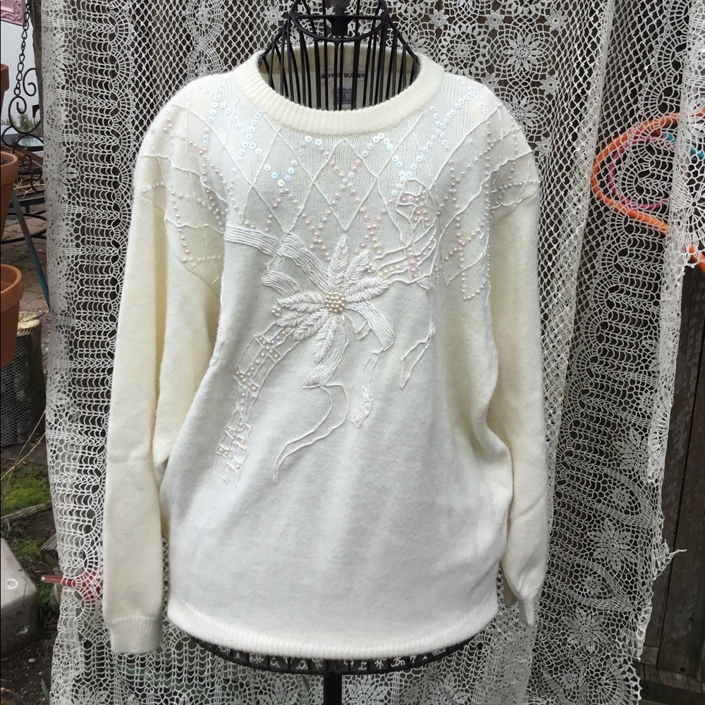 Vintage sweater beaded sequin flowers alfred dunner cream retro 1980s